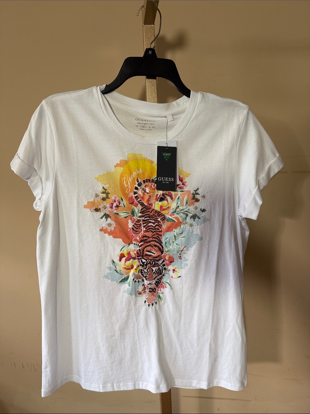 GUESS White Tee with Colorful Tiger & Floral Graphic